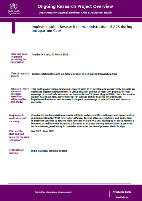 Implementation Research on Administration of ACS during Intrapartum Care