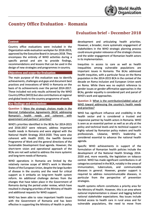 Romania Country Office - Evaluation Brief - December 2018